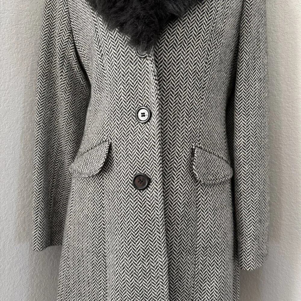 Vintage Y2K George Herringbone Faux Fur Collar Dress Coat Black Ivory Small